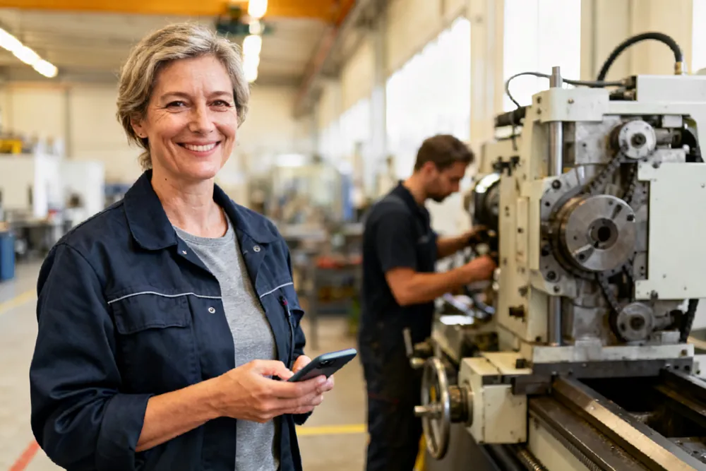Mitarbeiterin der Arbeitsvorbereitung mit Smartphone in der Montagehalle, dahinter ein Monteur an der Maschine